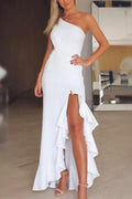 One Shoulder Twist Waist High Slit Ruffle Maxi Party Dress