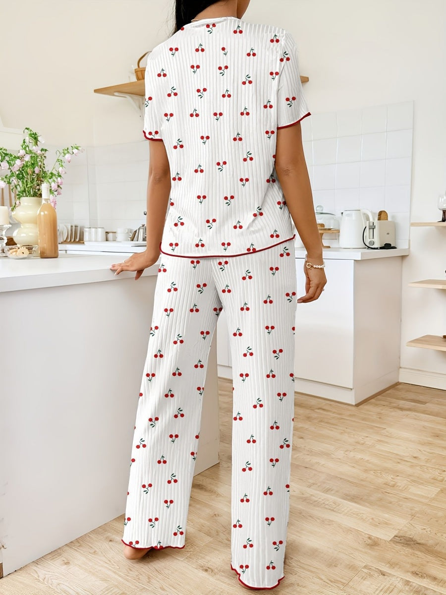 Heart-print V-neck Short-sleeved Trousers Loungewear Set