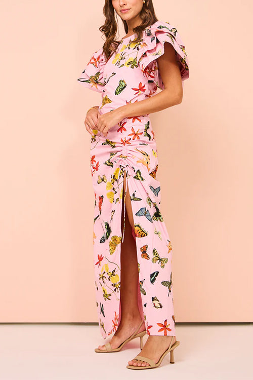 Flounce Sleeves Drawstring Slit Printed Maxi Dress