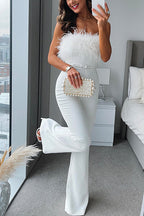 Strapless Feather Tube Top Flare Bottoms Jumpsuit
