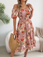 Ruffle Printed Vacation Off-shoulder Mini&Short Dresses