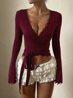 Lace-trimmed V-neck Tie-up Long Sleeves T-shirts
