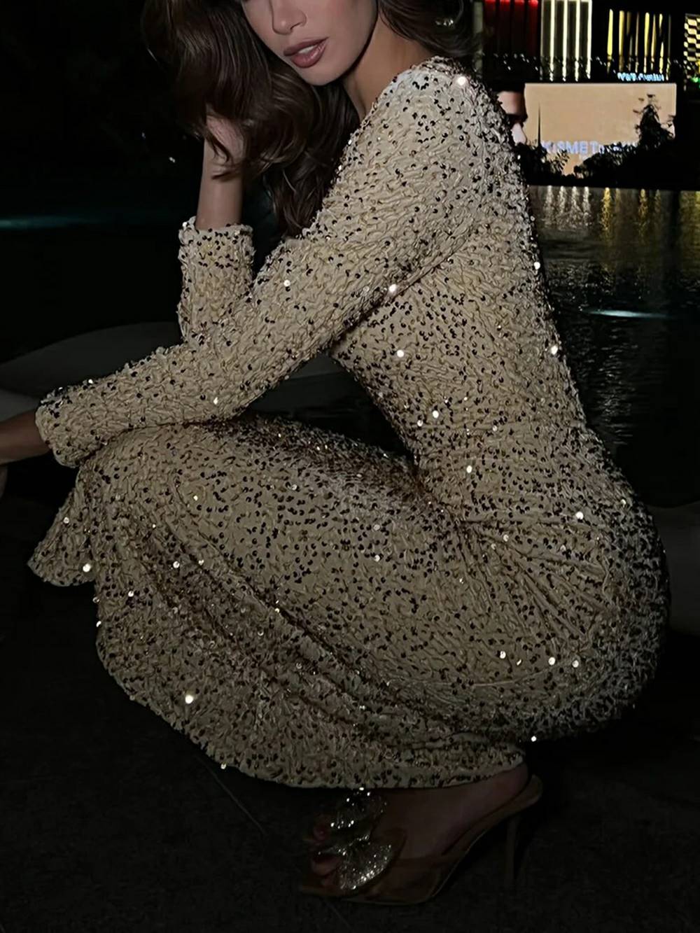 Round Neck Long Sleeve Allover Sequin Column Midi Dress