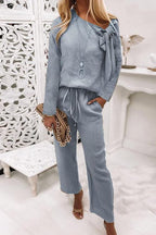 Bow Knot Neck Pullover Drawstring Wide Leg Pants Set