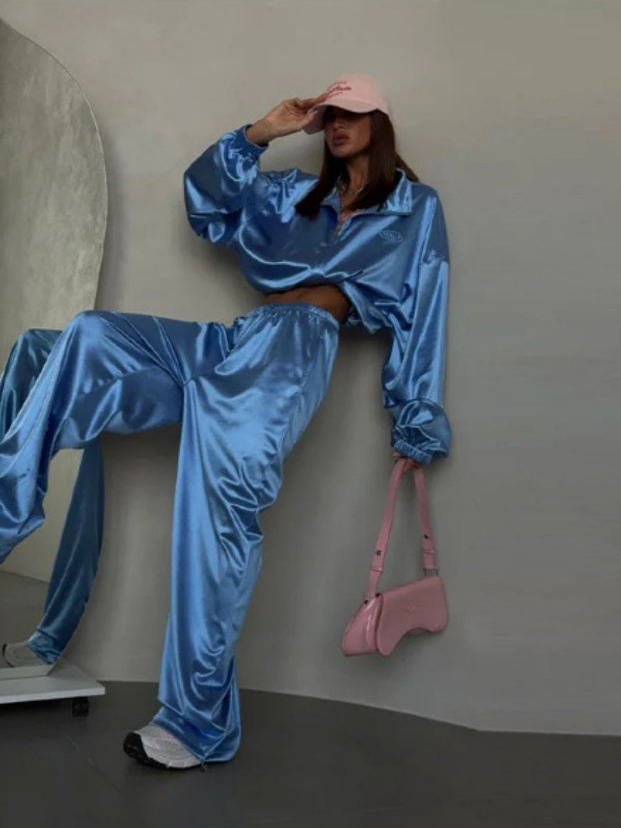 Zippered Loose Sweatshirt Jacket And Wide-Leg Pants Two-Piece Set