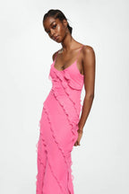 Spaghetti Strap V-Neck Tiered Ruffle High Slit Maxi Dress