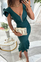 Mesh V Neck Ruched Ruffle Bodycon Midi Party Dress