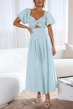 V Neck Twist Front Puff Sleeves Cut Out Maxi Dress