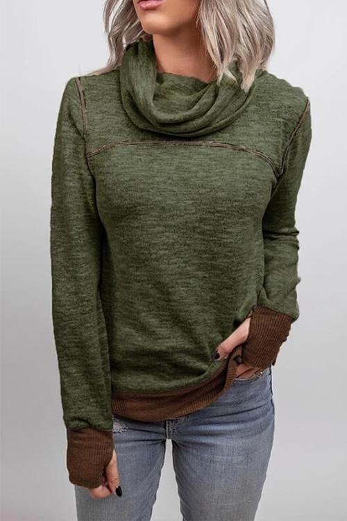 Casual Cowl Neck Color Block Sweatshirt with Thumb Hole