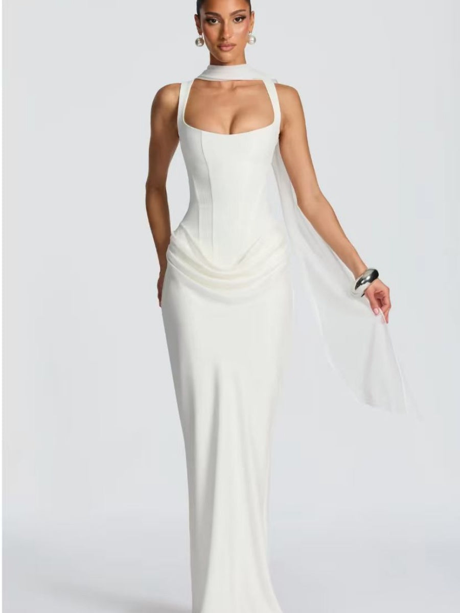 Fish Bones Waist Corset Pleated Camisoles Sleeveless Hip-hugging Maxi Dresses