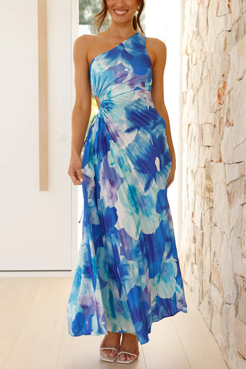 One Shoulder Sleeveless Cut Out Printed Swing Maxi Dress