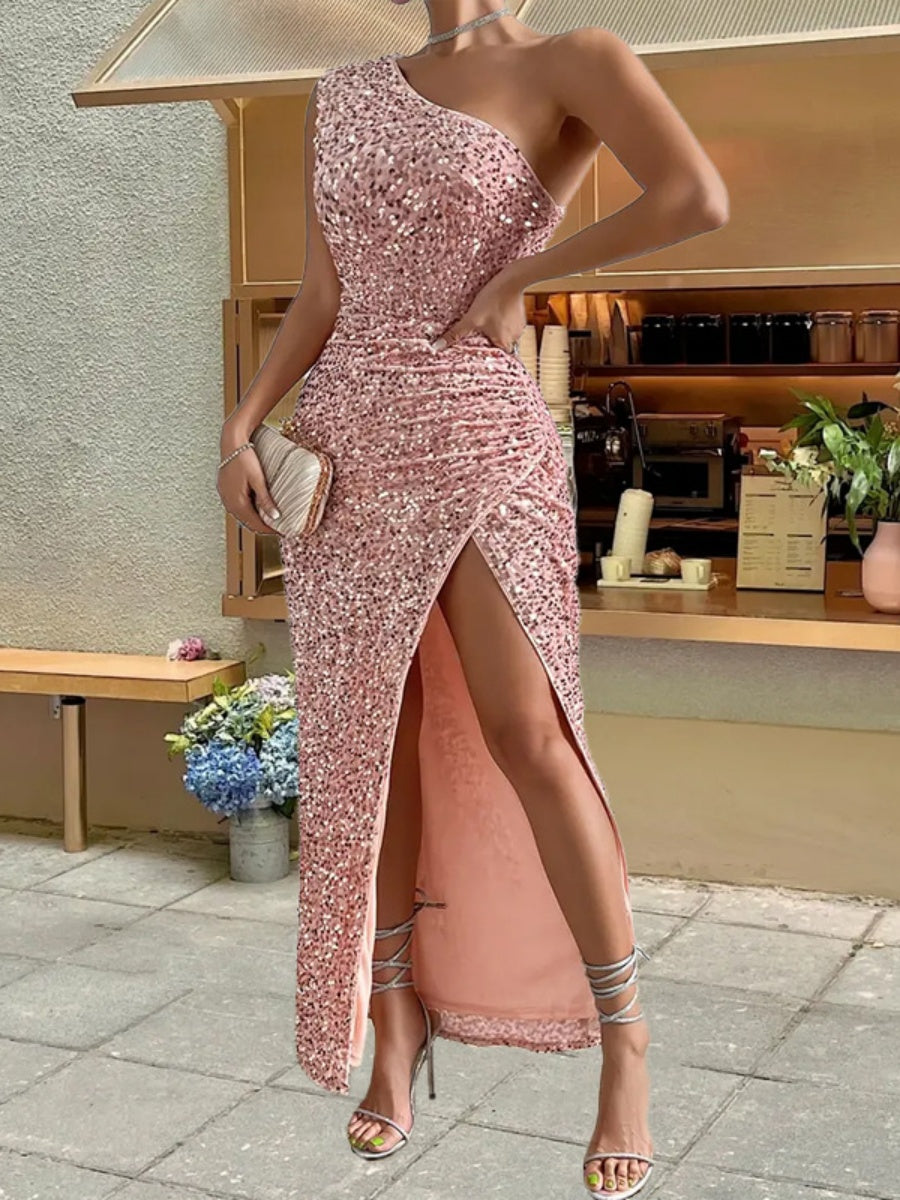 Sequined One-shoulder Sleeveless Slit Maxi Dresses