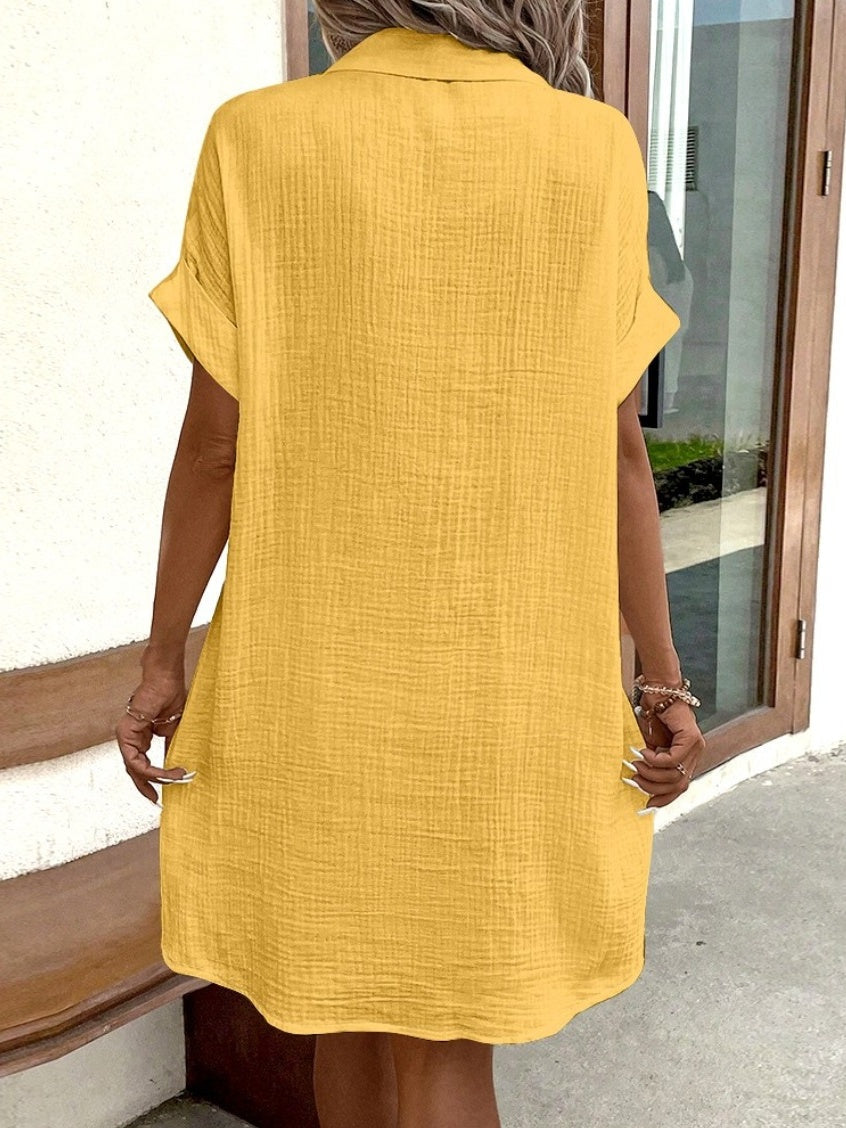 Casual Vacation Simple V-neck Button Short Dress