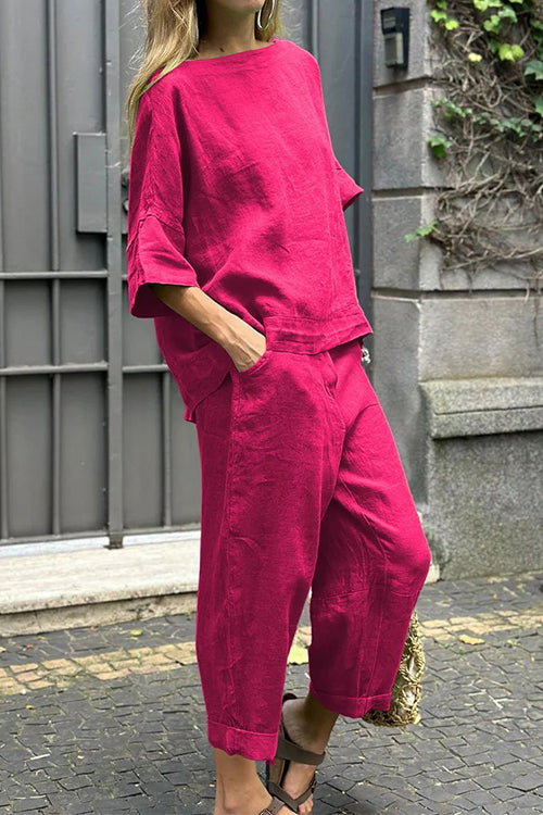 Cotton Linen Half Sleeves Pullover Top Wide Leg Tapered Pants Set