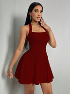 Halter Neck, Backless, Fitted Waist, A-line Short Dress