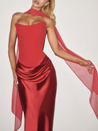 Satin Tie Ribbon Off-shoulder Sexy Strapless Bodycon Maxi Dress With Cinched Waist