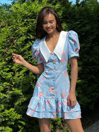Waist Printed Floral Lapel Puff Sleeve Sweet Mini&Short Dresses