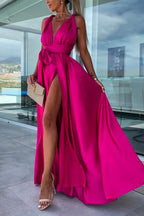 One Dress Three Ways Tie Waist High Slit Maxi Party Dress
