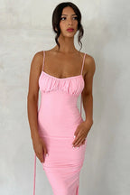 Tie Shoulder Deep Open Back Ruched Bodycon Maxi Dress