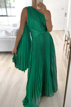 Draped One Shoulder Waisted Pleated Maxi Party Dress