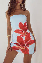 Strapless Tube Pocketed Lily Print Mini Dress