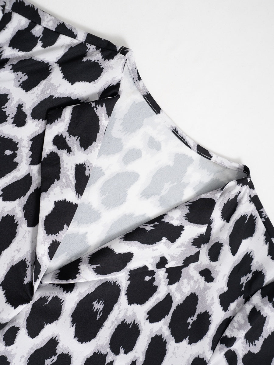 Three-quarter Sleeve Collar Leopard Print T-shirts
