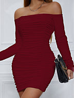 Off-the-shoulder Long-sleeved Pleated Bodycon Short Dress