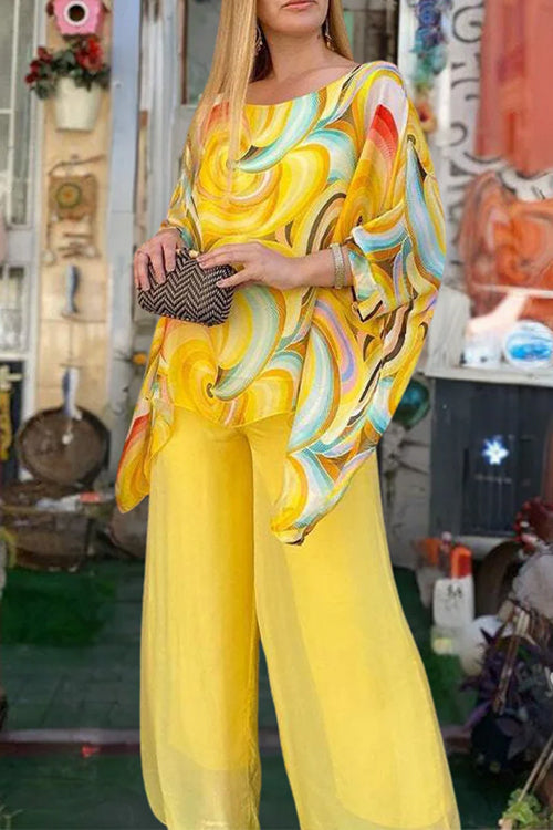 Printed Batwing Sleeves Irregular Top and Wide Leg Pants Chiffon Set