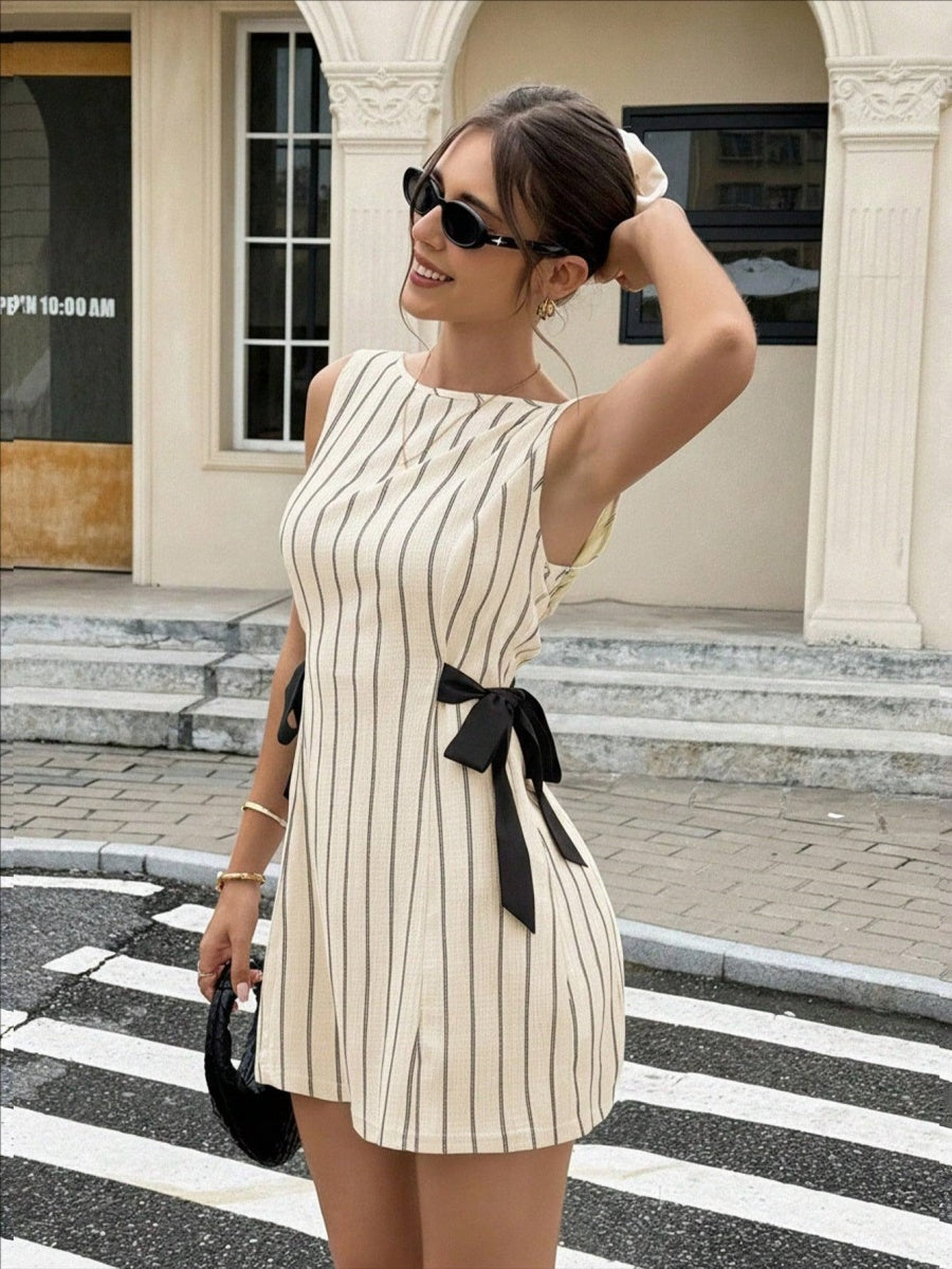 Stripes Sleeveless Reversible Bow Mini&Short Dresses