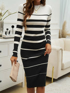 Striped Color-blocked Long-sleeved Bodycon Sweater Midi Dress