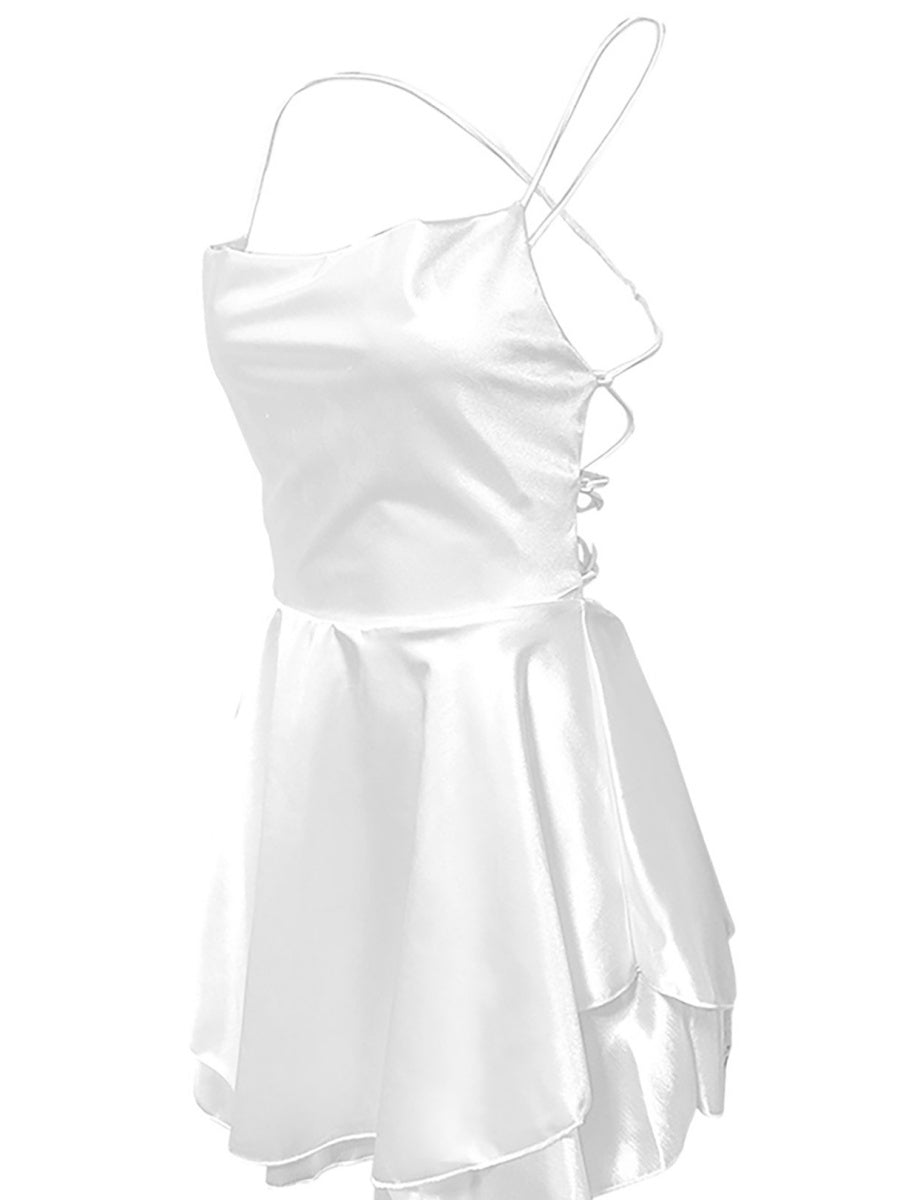 Camisoles Swing Collar Backless Drawstring Mini&Short Dresses
