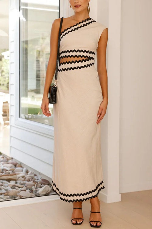 One Shoulder Cut Out Waist Ric Rac Color Block Maxi Dress
