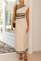 One Shoulder Cut Out Waist Ric Rac Color Block Maxi Dress