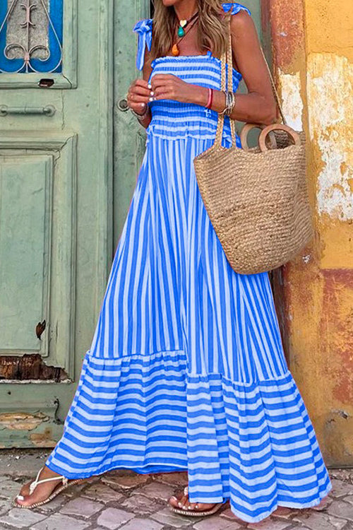 Striped Bow Knot Shoulder Smocked Ruffle Maxi Holiday Dress