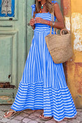 Striped Bow Knot Shoulder Smocked Ruffle Maxi Holiday Dress