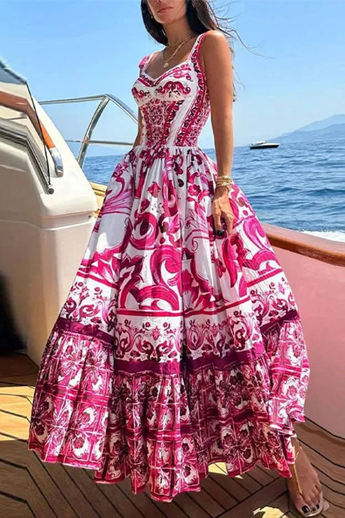 V Neck Waisted Floral Print Swing Maxi Cami Dress
