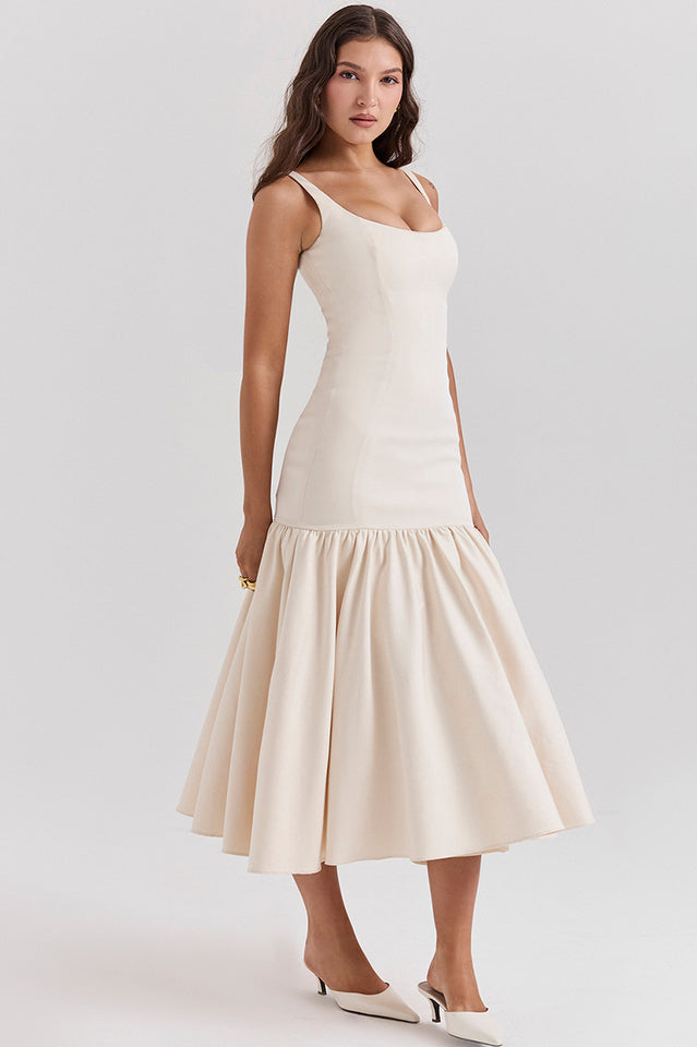 Sleeveless Scoop Neck Princess Seam Dropped Waist Gathered Flounce Midi Dress
