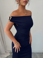 Off-shoulder Off Shoulder Pleated Metal Buckle Maxi Dresses