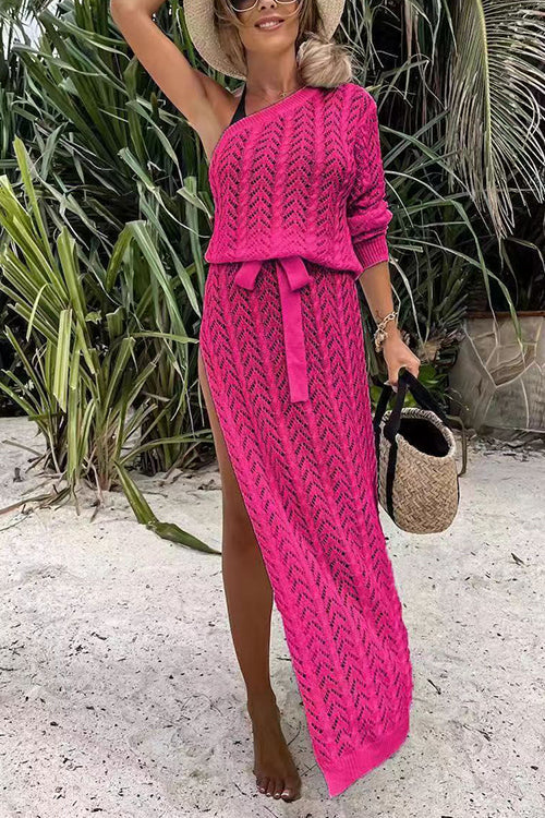 One Shoulder Long Sleeve High Split Hollow Out Beach Dress