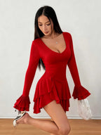 V-neck Long Sleeve Ruffle Mini&Short Dresses