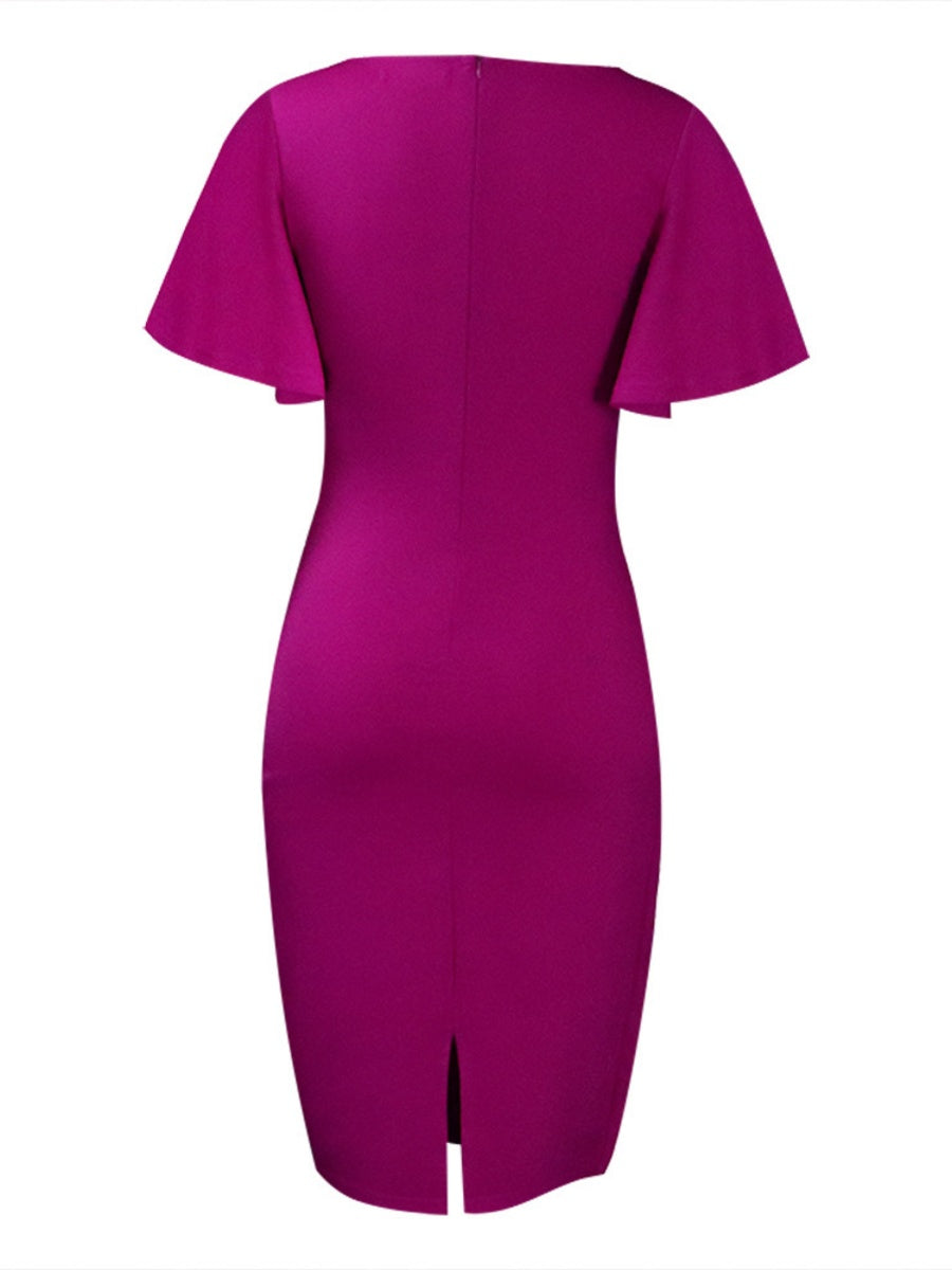 Commuting Lotus Leaf Sleeves Buttons Solid Color Mini&Short Dresses