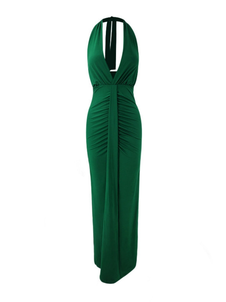 V-neck Halter Temperament Pleated Hip-hugging Big Backless Midi Dresses