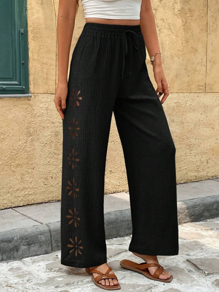 Minimalist Style Drawstring Hollow-out Solid Color Loose Wide-leg Trousers
