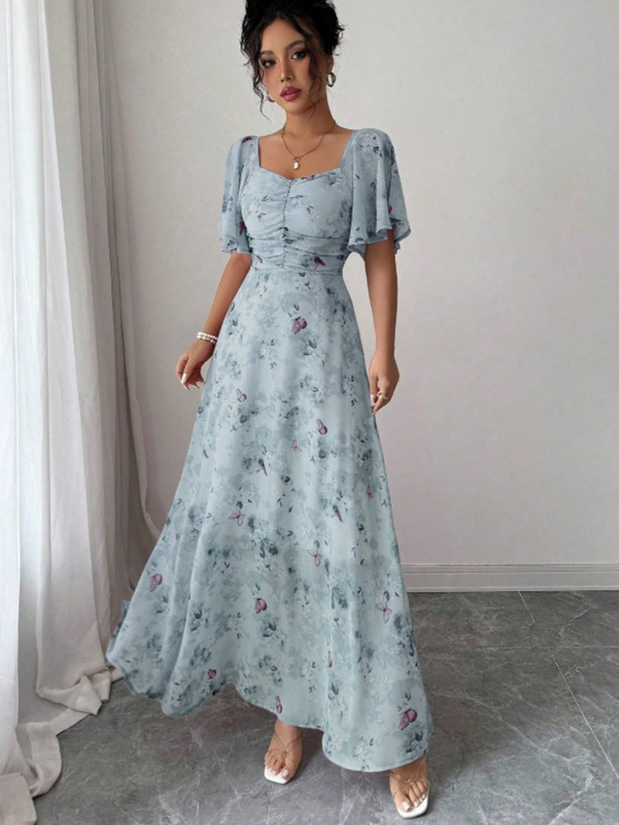 Floral Lotus Leaf Sleeves Sweetheart Collar Vacation And Leisure Maxi Dresses