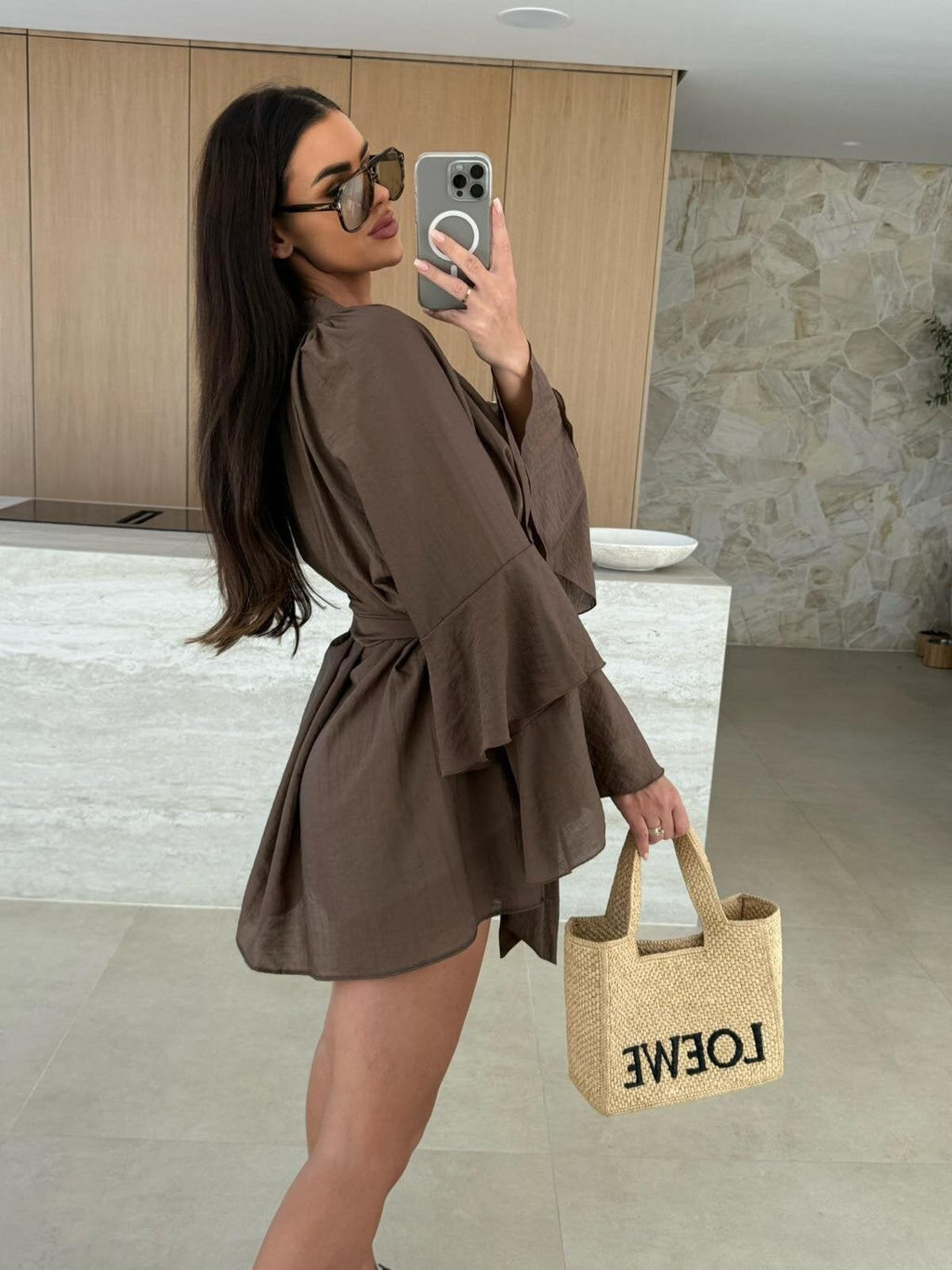 V-neck, Irregular Tie-waist, Long-sleeved, Loose-fitting Short Dress