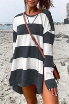 Crewneck Side Split High Low Hem Striped Pullovers
