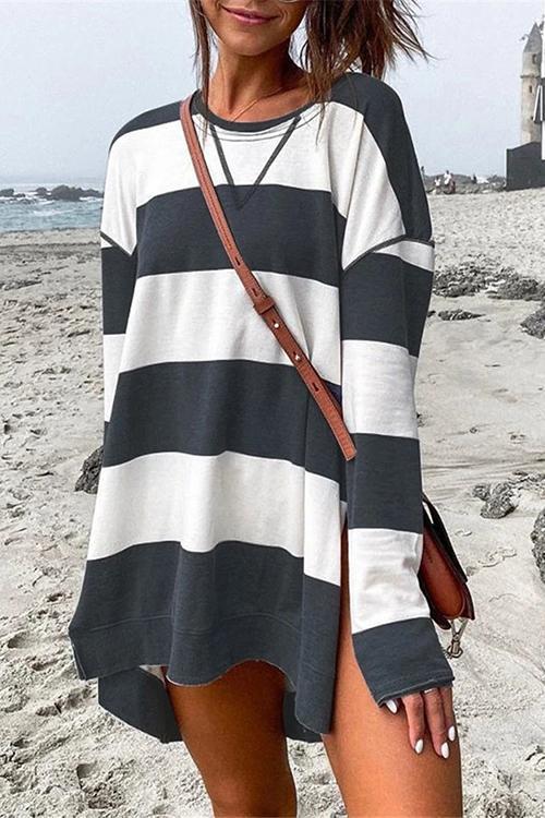 Crewneck Side Split High Low Hem Striped Pullovers