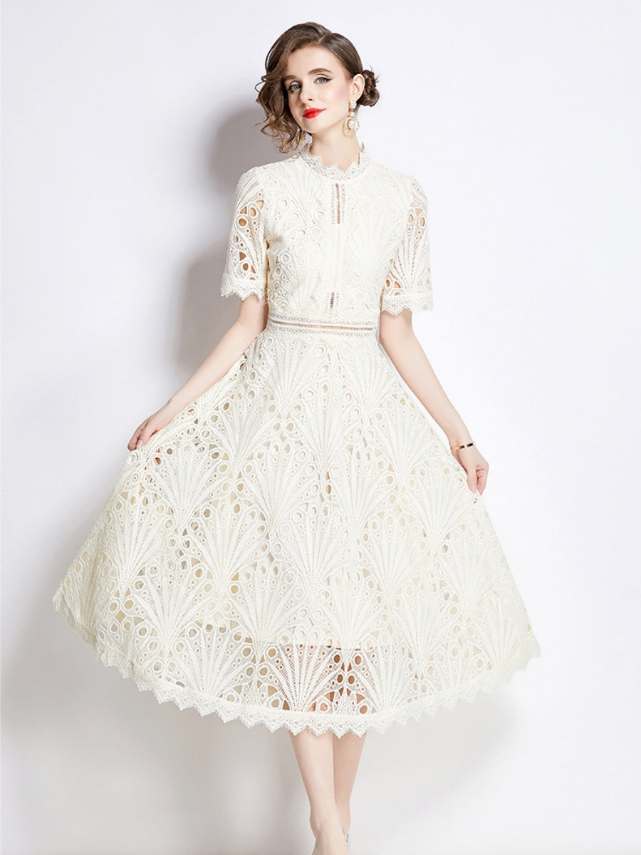 Crocheted Embroidered Lace Midi Dress