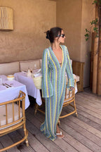 Pilar Chic Boho V Neck Bell Sleeve Maxi Dress, Wavy Striped Crochet Beach Holiday Dress Evening Wear Edit
