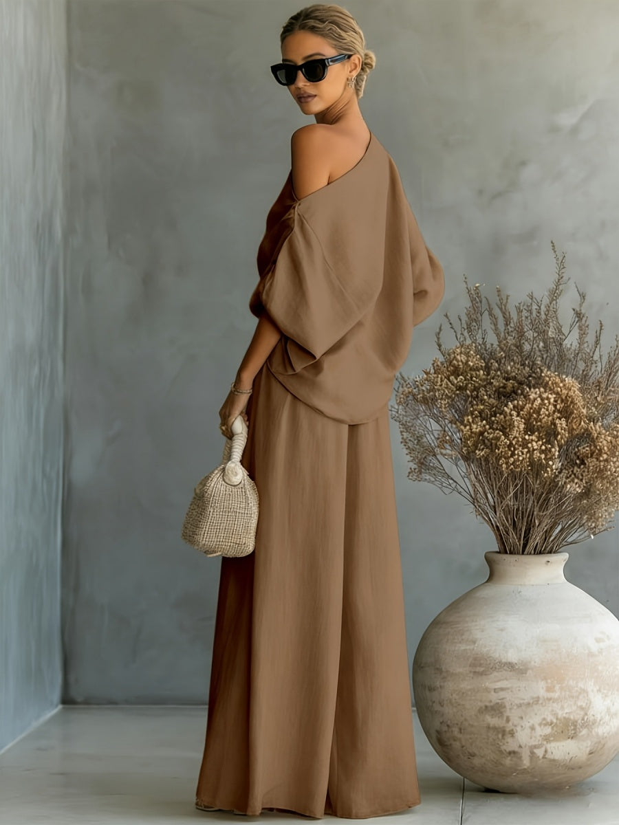 Loose-fit Off-shoulder Jacket Wide-leg Pants Set 2-piece Sets